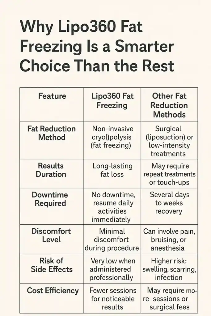 Table showing benefits of fat freezing to remove fat cells Ramsgate from Lipo 360