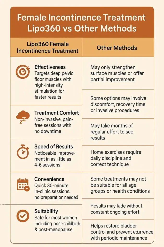 Table showing benefits of incontinence treatment Ramsgate
