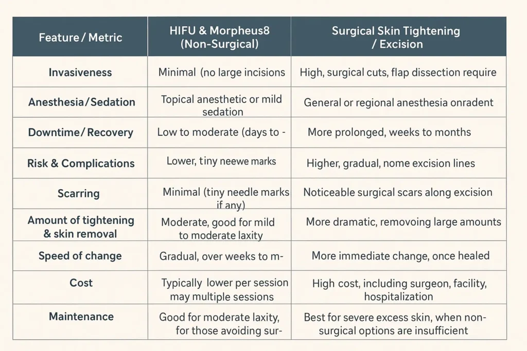 Table of skin tightening Ramsgate benefits compared to surgical options